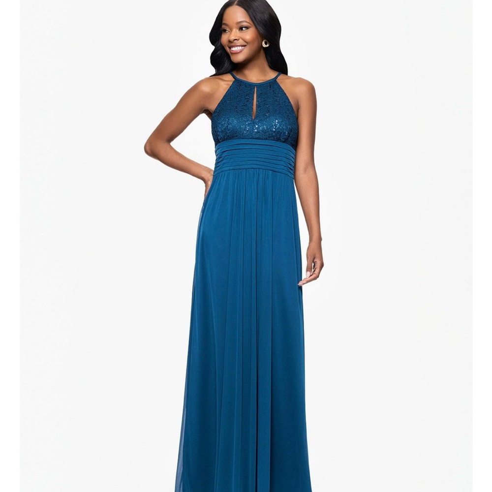 Betsy & Adam Teal Halter Sequin Chiffon Gown Petite Size 2P Formal Evening - Picture 4 of 8